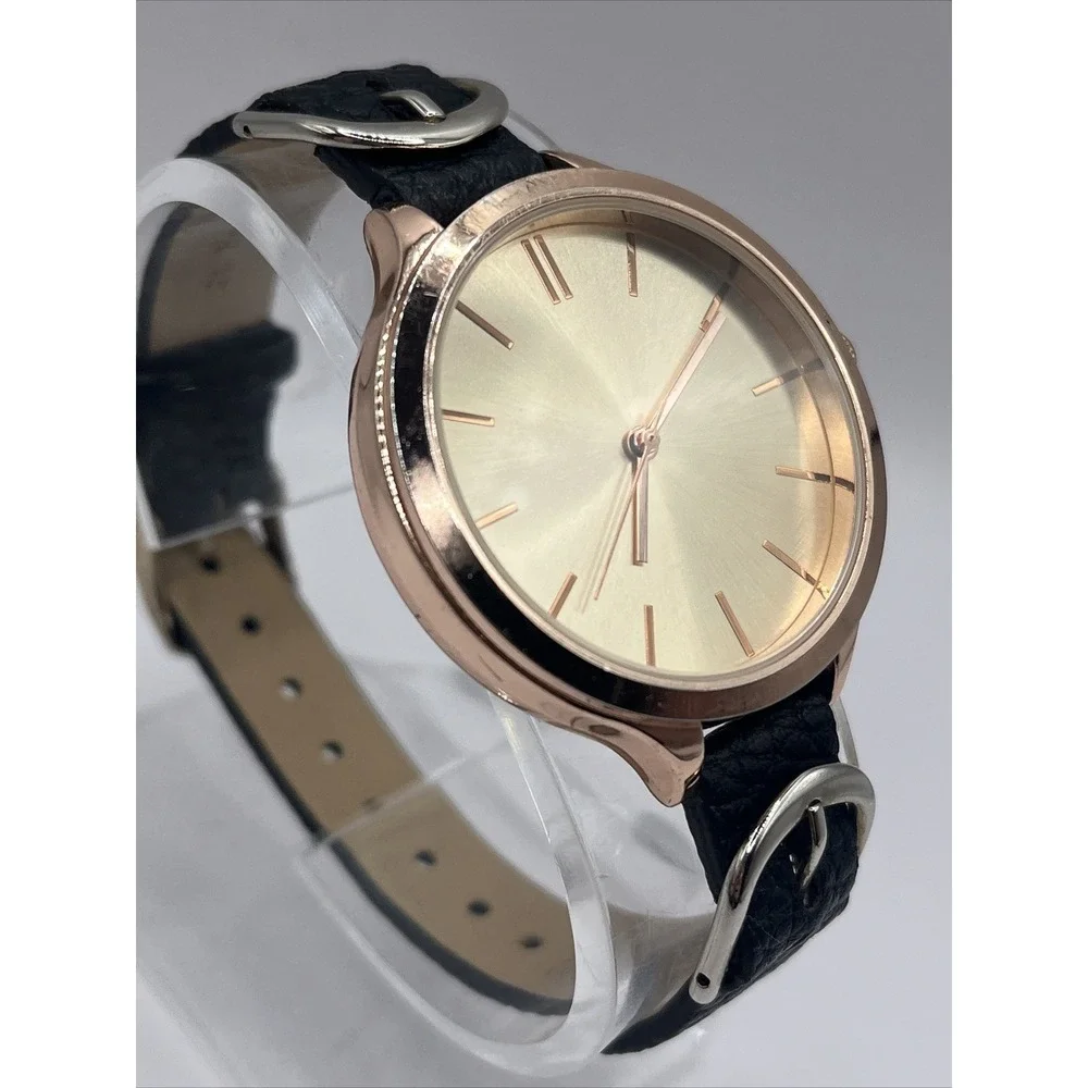 A New Day Women's Quartz Watch Rose Gold Case Black Band- New Battery‎
